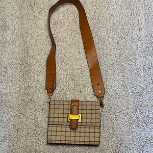 Plaid Crossbody Bag with Brown Strap